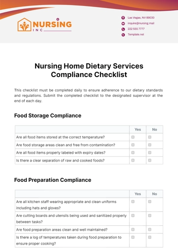 Free Nursing Home Dietary Services Compliance Checklist Template to Edit Online