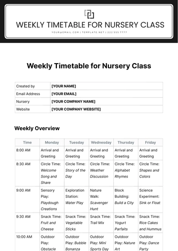 Free Weekly Timetable for Nursery Class Template to Edit Online