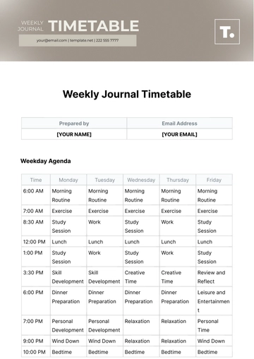 Free Weekly Journal Timetable Template to Edit Online