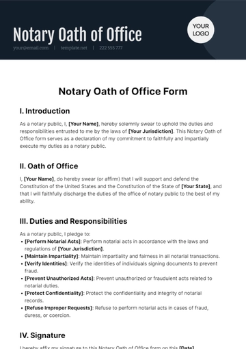 Free Notary Oath Of Office Form Template to Edit Online