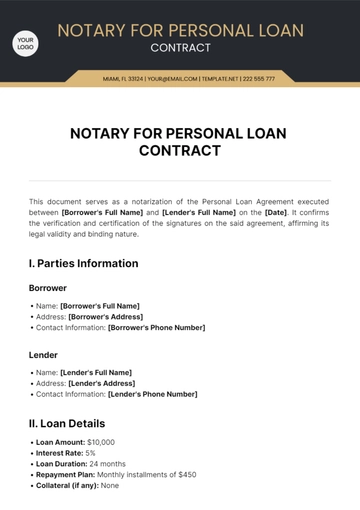 Free Notary for Personal Loan Contract Template to Edit Online