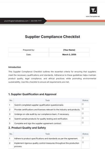 Free Supplier Compliance Checklist Template to Edit Online