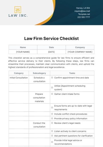 Free Law Firm Service Checklist Template to Edit Online
