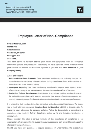 Free Employee Letter of Non-Compliance Template to Edit Online