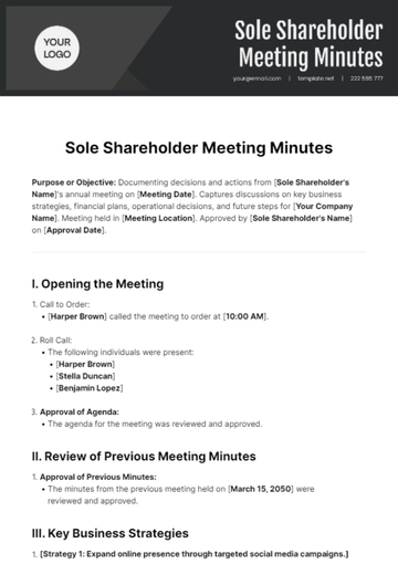 Free Sole Shareholder Meeting Minutes Template to Edit Online