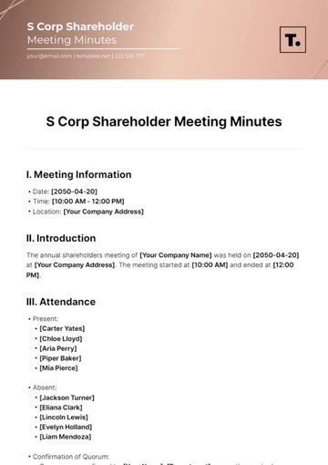 Free S Corp Shareholder Meeting Minutes Template to Edit Online