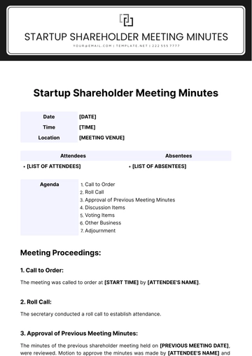 Free Startup Shareholder Meeting Minutes Template to Edit Online