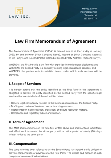 Free Law Firm Memorandum of Agreement Template to Edit Online
