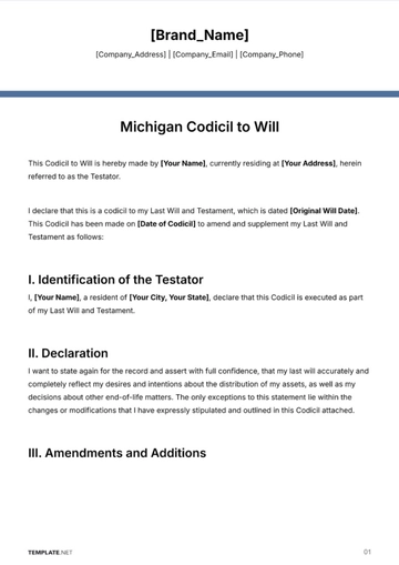 Free Michigan Codicil to Will Template to Edit Online