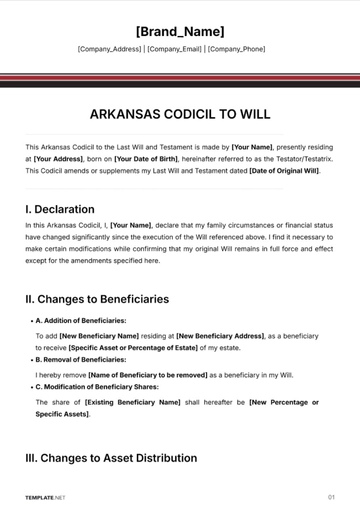 Free Arkansas Codicil to Will Template to Edit Online