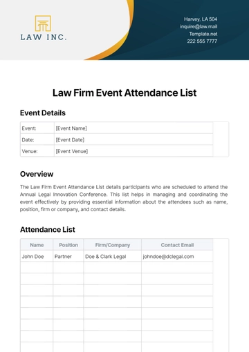 Free Law Firm Event Attendance List Template