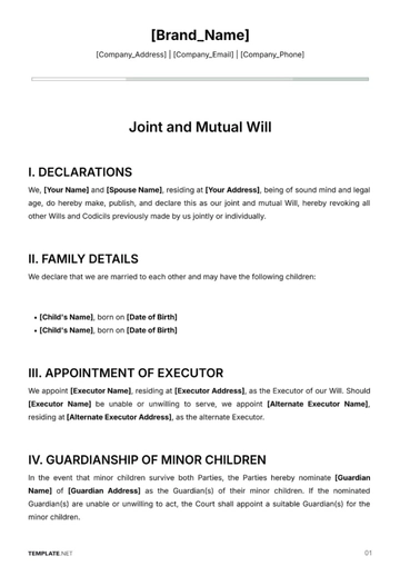 Free Joint And Mutual Will Template to Edit Online