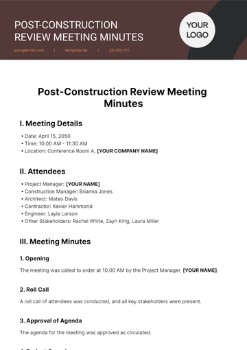 Free Post-Construction Review Meeting Minutes Template to Edit Online