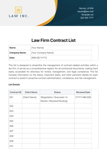 Free Law Firm Contract List Template to Edit Online
