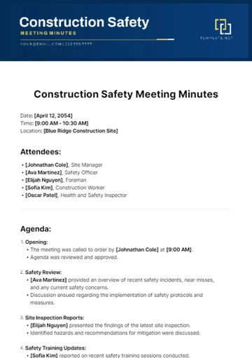 Free Construction Safety Meeting Minutes Template to Edit Online