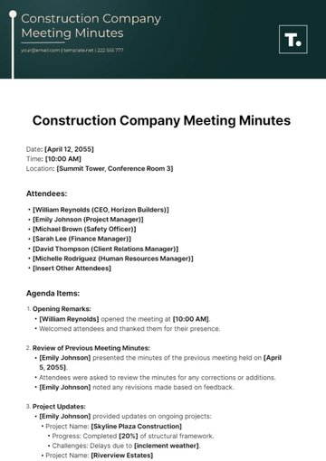 Free Construction Company Meeting Minutes Template to Edit Online