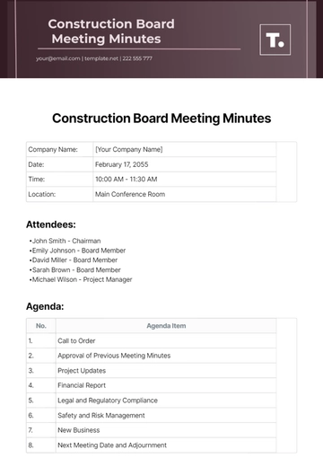 Free Construction Board Meeting Minutes Template to Edit Online