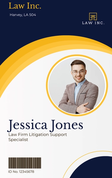 Free Law Firm Litigation Support Specialist ID Card Template to Edit Online