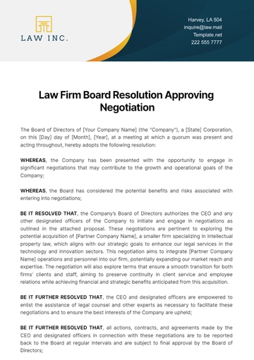 Free Law Firm Board Resolution Approving Negotiation Template to Edit Online