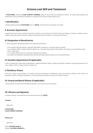 Free Arizona Last Will and Testament Template to Edit Online