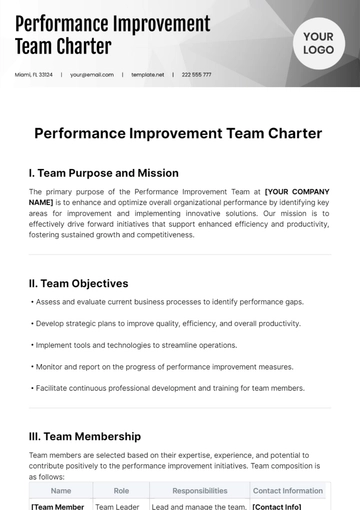 Free Performance Improvement Team Charter Template to Edit Online