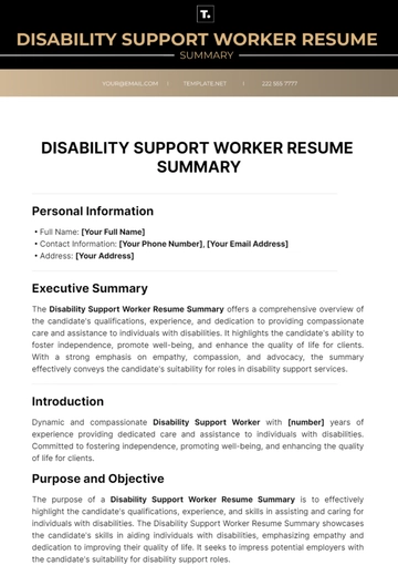 Free Disability Support Worker Resume Summary Template to Edit Online