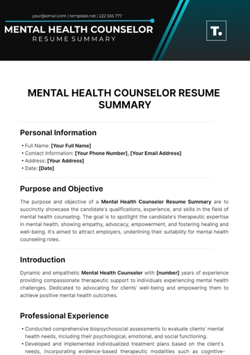Free Mental Health Counselor Resume Summary Template to Edit Online