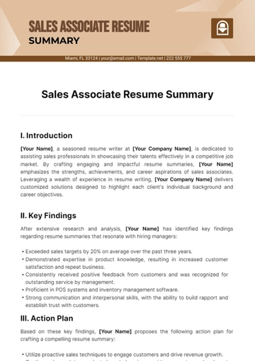 Free Sales Associate Resume Summary Template to Edit Online