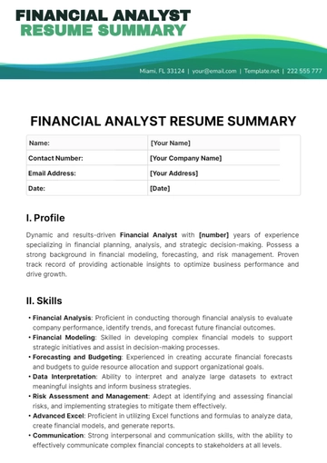 Free Financial Analyst Resume Summary Template to Edit Online