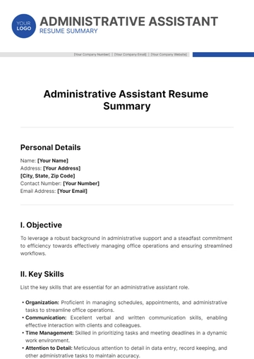 Free Administrative Assistant Resume Summary Template to Edit Online