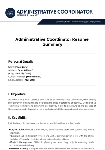 Free Administrative Coordinator Resume Summary Template to Edit Online