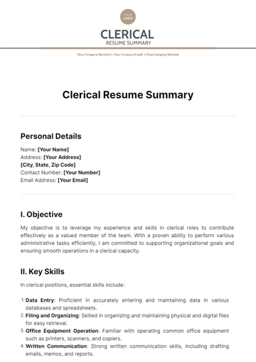 Free Clerical Resume Summary Template to Edit Online