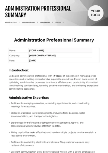 Free Administration Resume Summary Template to Edit Online