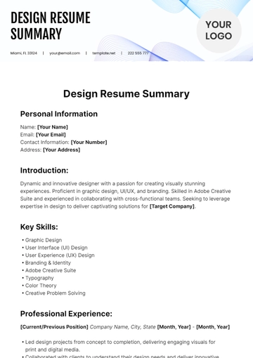 Free Design Resume Summary Template to Edit Online