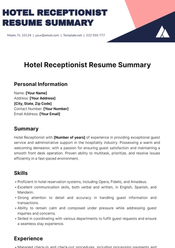 Free Hotel Receptionist Resume Summary Template to Edit Online