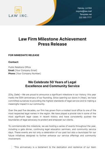 Free Law Firm Milestone Achievement Press Release Template to Edit Online