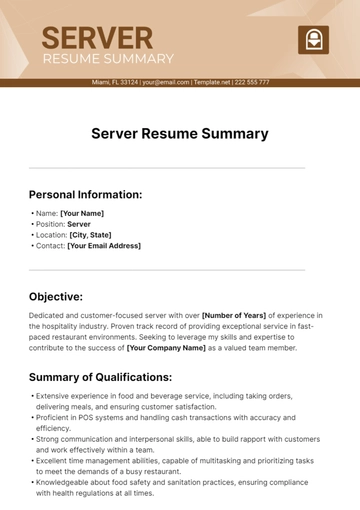 Free Server Resume Summary Template to Edit Online