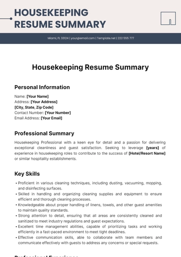 Free Housekeeping Resume Summary Template to Edit Online