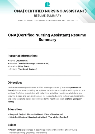 Free Cna(Certified Nursing Assistant) Resume Summary Template to Edit Online