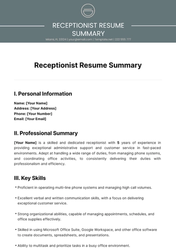 Free Receptionist Resume Summary Template to Edit Online