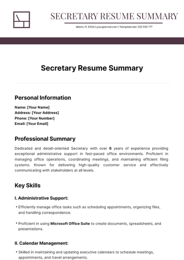 Free Secretary Resume Summary Template to Edit Online