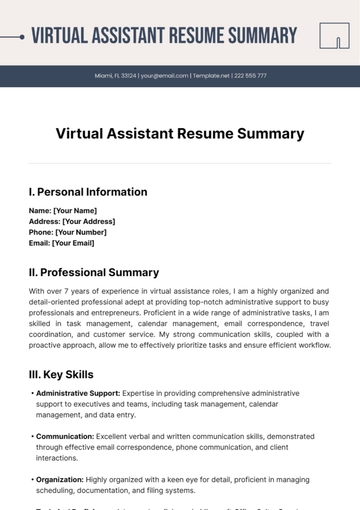 Free Virtual Assistant Resume Summary Template to Edit Online