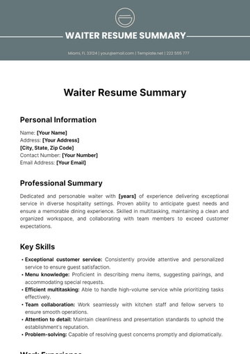 Free Waiter Resume Summary Template to Edit Online