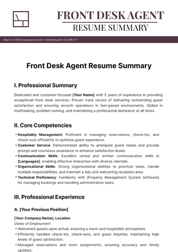 Free Front Desk Agent Resume Summary Template to Edit Online