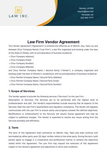 Free Law Firm Vendor Agreement Template to Edit Online