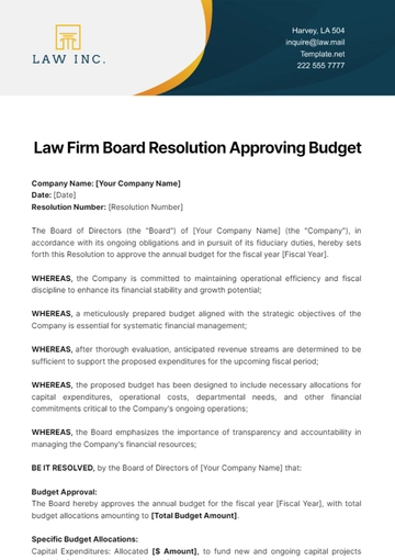 Free Law Firm Board Resolution Approving Budget Template to Edit Online