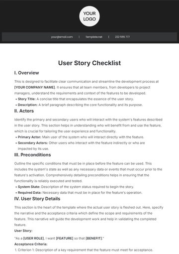 Free User Story Checklist Template to Edit Online