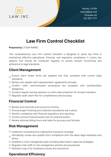 Free Law Firm Control Checklist Template to Edit Online