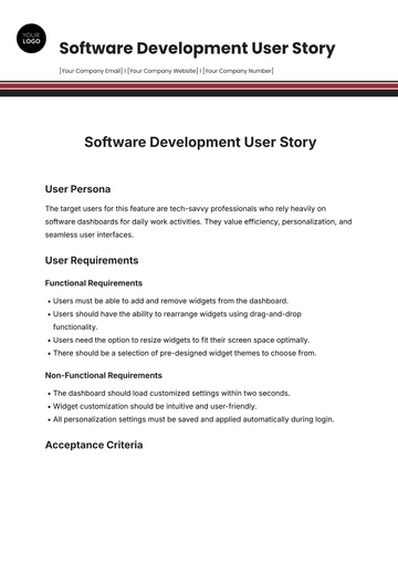 Free Software Development User Story Template to Edit Online