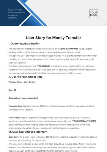 Free User Story For Transferring Money Template to Edit Online